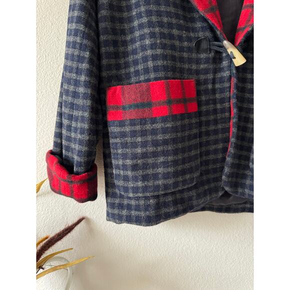 Vtg Ralph Lauren Lambs New Wool  Red Tartan Plaid Festive Blazer Horn Toggle M - Picture 5 of 16
